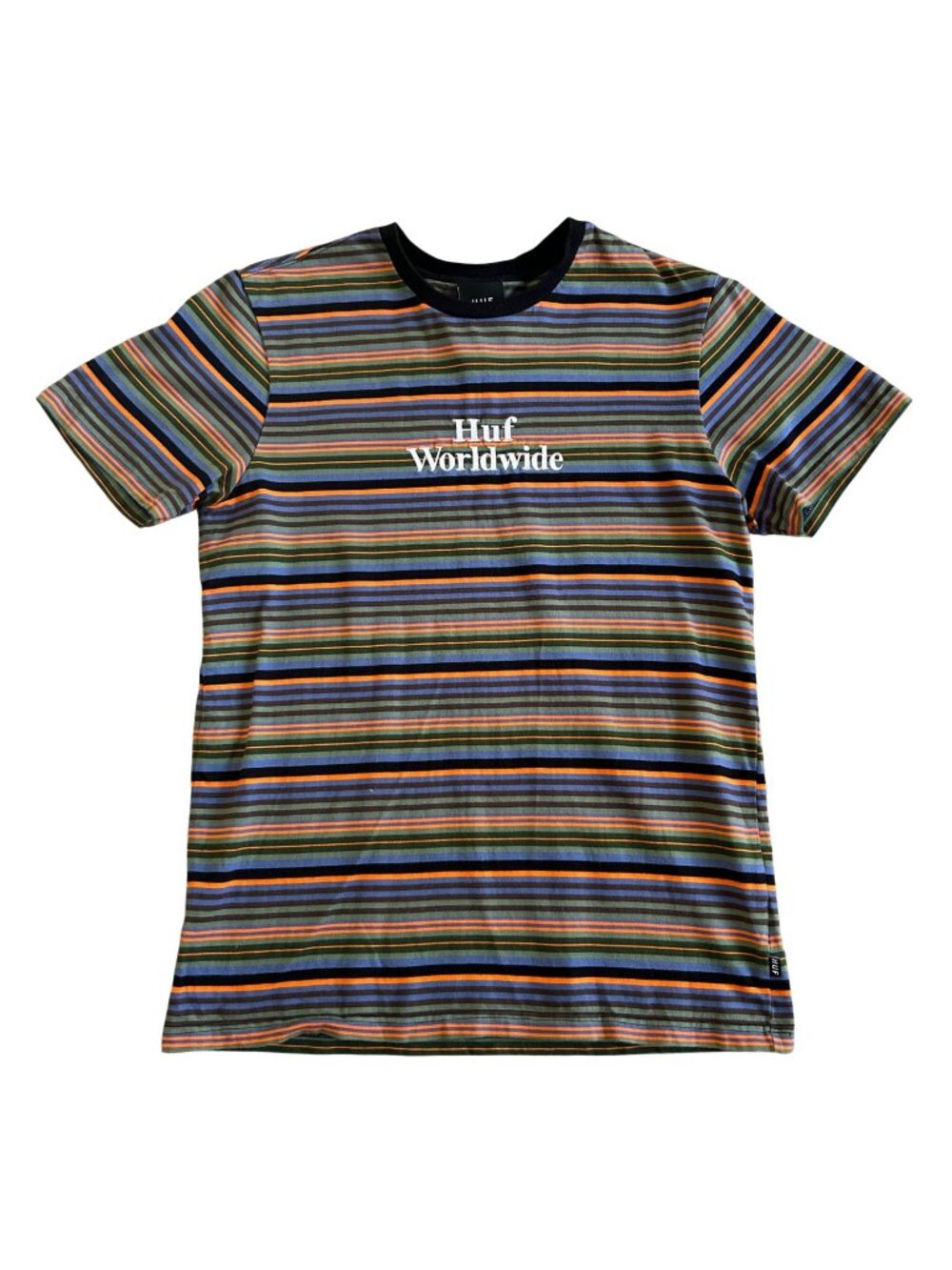 Huf Men's Sz Medium  Worldwide Striped T-Shirt Multicolor Crew Neck Short Sleeve